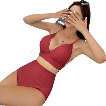 Women's triangle bikini with chest pad, high-waist conservative brief, solid colour white or red, sizes M L XL