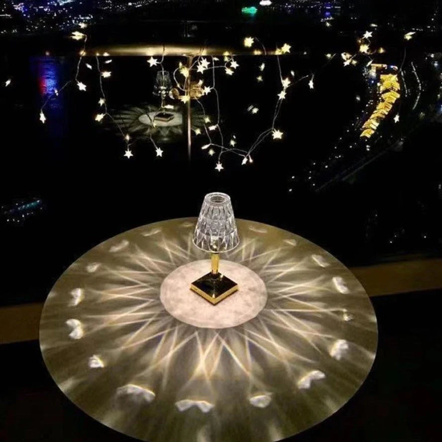 Elegant crystal acrylic table lamp with touch-sensitive controls and up to 6 hours of cordless battery life