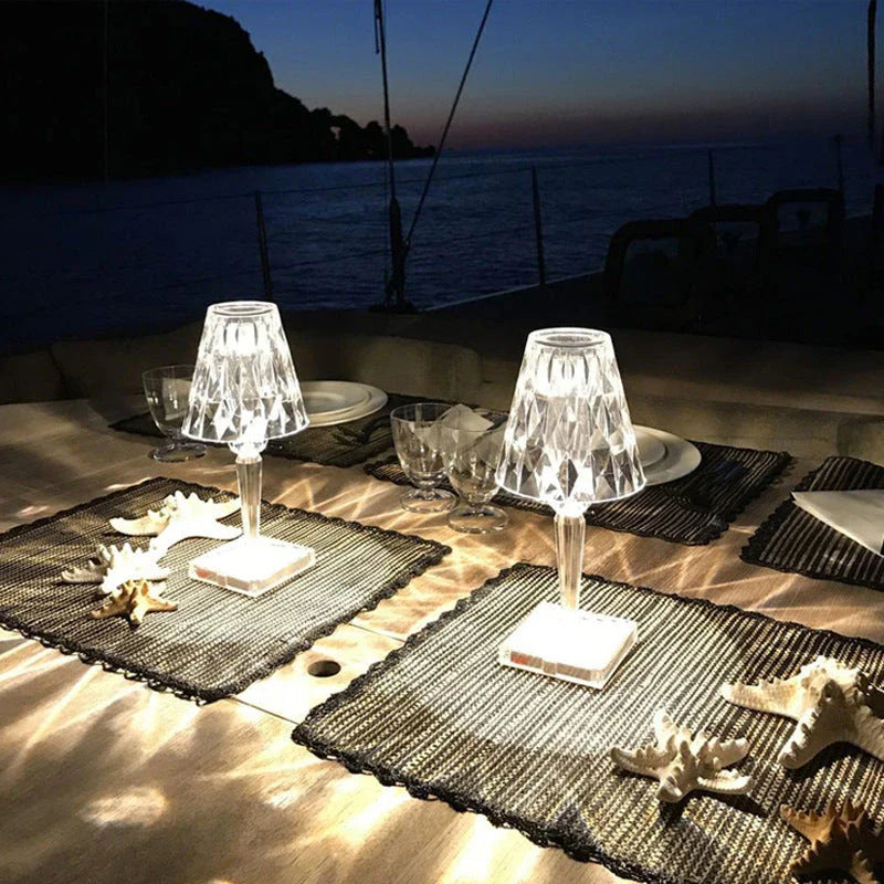Elegant crystal acrylic table lamp with touch-sensitive controls and up to 6 hours of cordless battery life