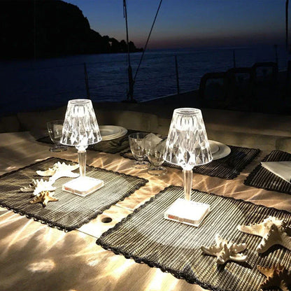 Elegant crystal acrylic table lamp with touch-sensitive controls and up to 6 hours of cordless battery life