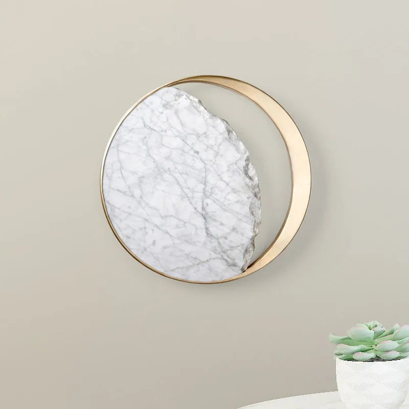 Round marble wall lamp with copper eclipse design, showing 25cm diameter and 6cm thickness.