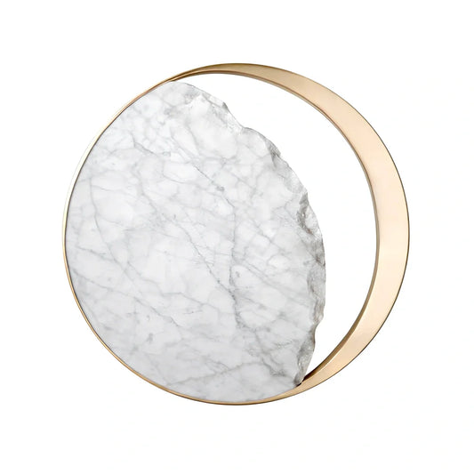 Circular marble wall lamp with copper accents, 25cm diameter, mounted beside bed