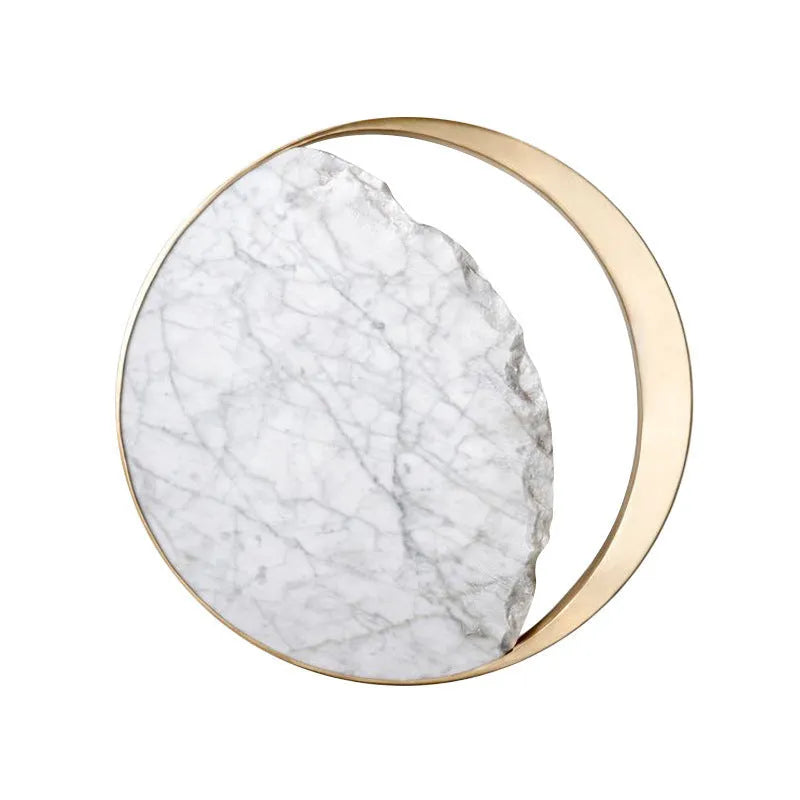 Round marble wall lamp with copper eclipse design, showing 25cm diameter and 6cm thickness.