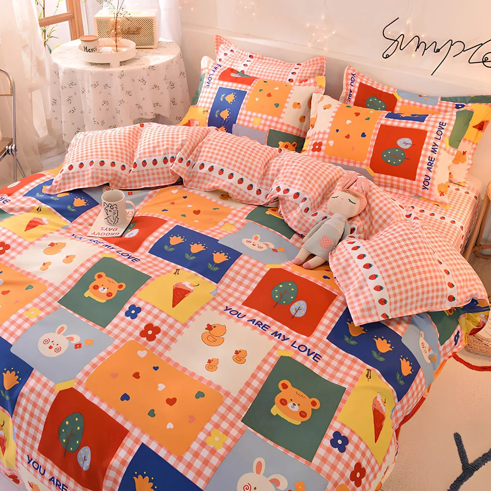 Aloe-infused duvet cover set with botanical patterns in four colours, showing precise UK sizing from 1.2m to 2.2m beds