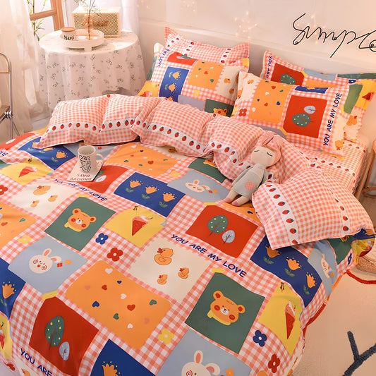 Aloe-infused duvet cover set with botanical patterns in four colours, showing precise UK sizing from 1.2m to 2.2m beds