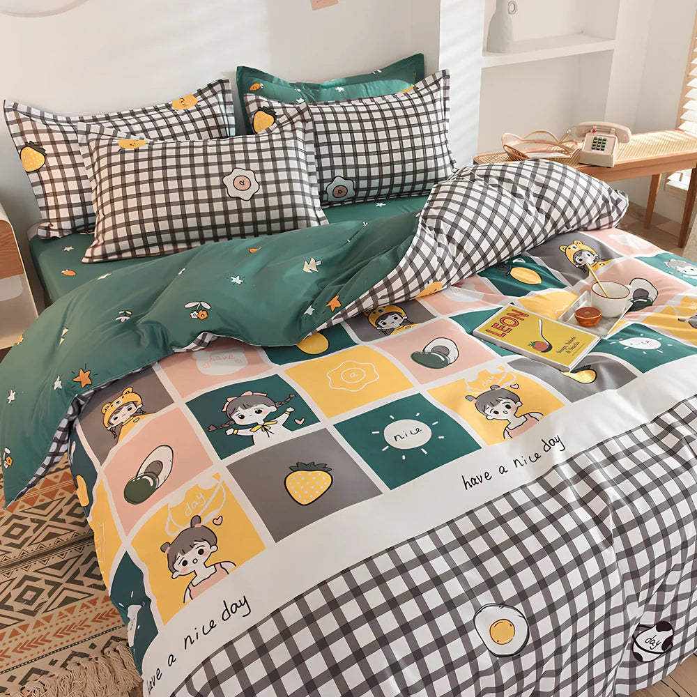 Aloe-infused duvet cover set with botanical patterns in four colours, showing precise UK sizing from 1.2m to 2.2m beds