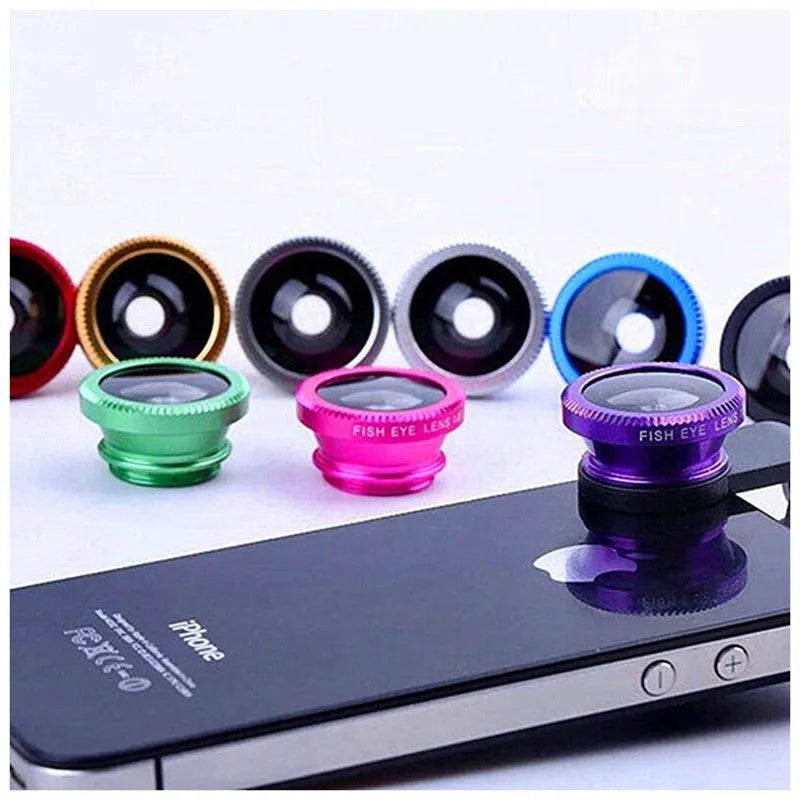 Black 3-in-1 mobile phone camera lens kit showing fisheye, wide angle and macro lenses with a universal clip