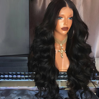 Black big wave front lace wig with long bangs and oblique fringe, long curly style for women