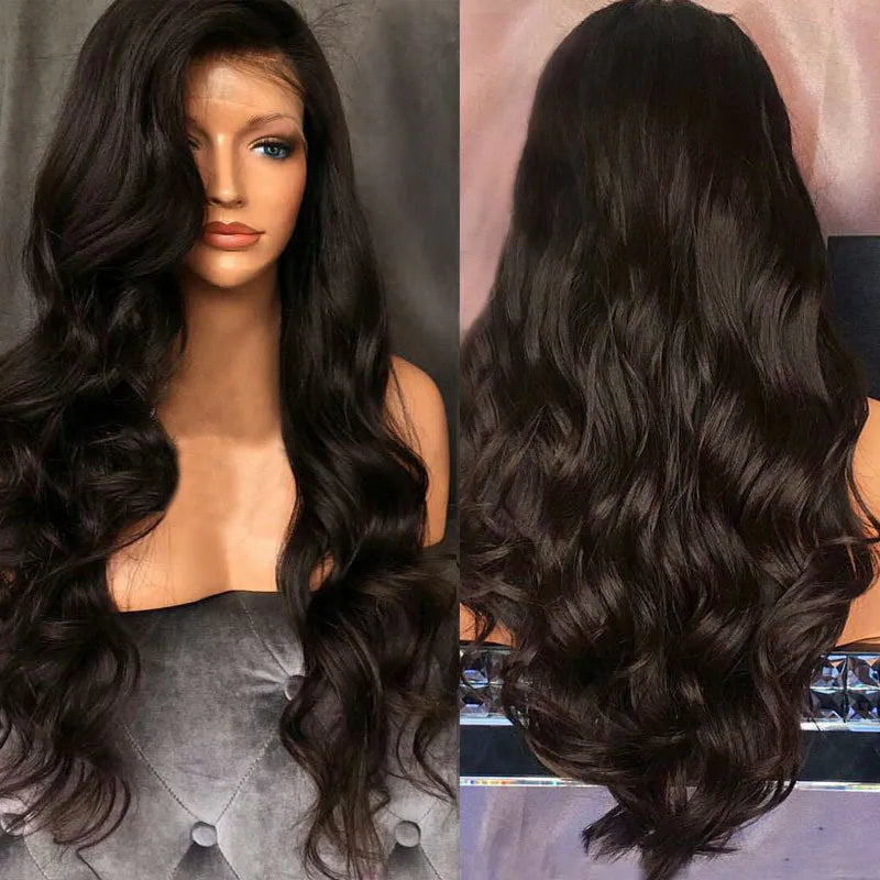 Black big wave front lace wig with long bangs and oblique fringe, long curly style for women
