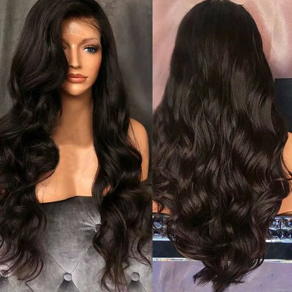 Black big wave front lace wig with long bangs and oblique fringe, long curly style for women