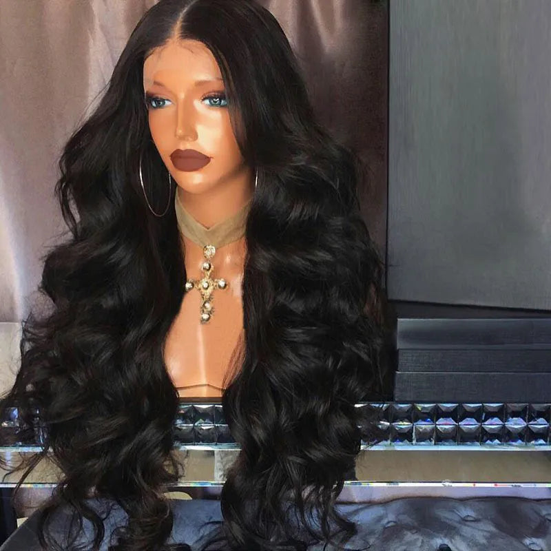 Black big wave front lace wig with long bangs and oblique fringe, long curly style for women