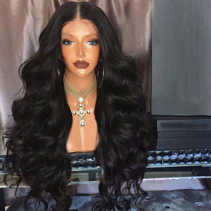 Black big wave front lace wig with long bangs and oblique fringe, long curly style for women