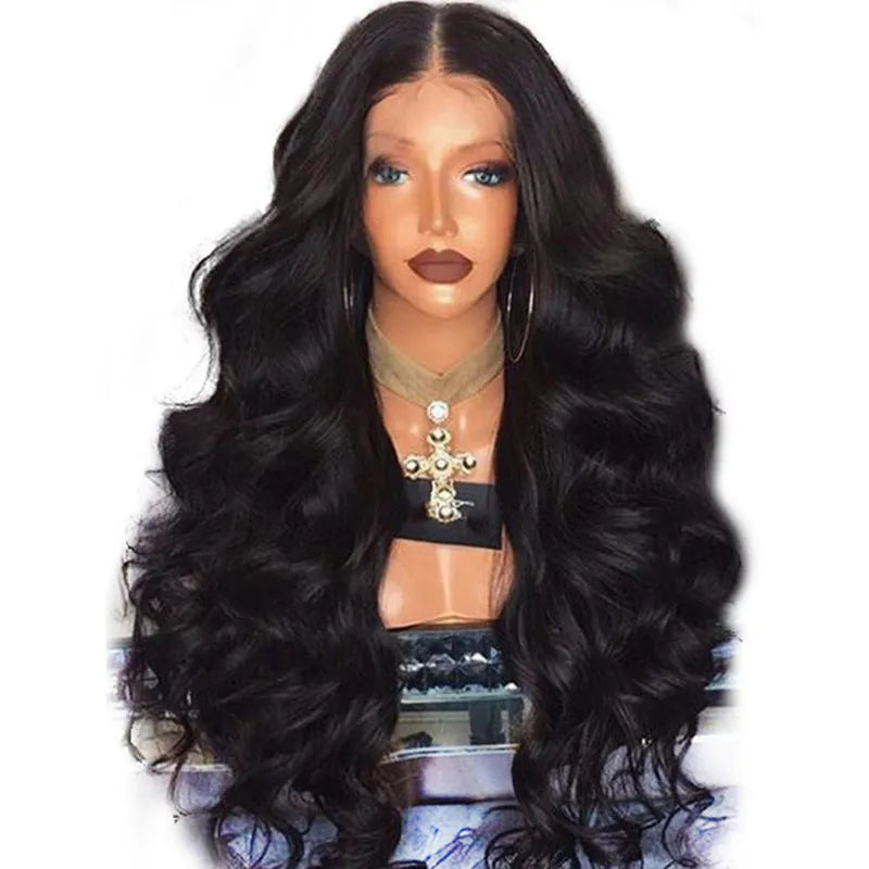Black big wave front lace wig with long bangs and oblique fringe, long curly style for women