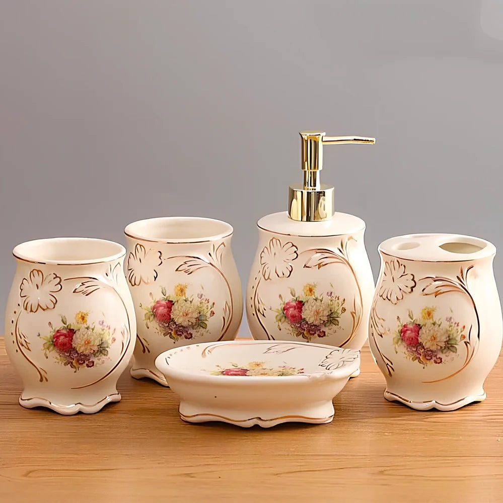 Five-piece ceramic bathroom set with ivory porcelain finish and hand-painted gold detailing