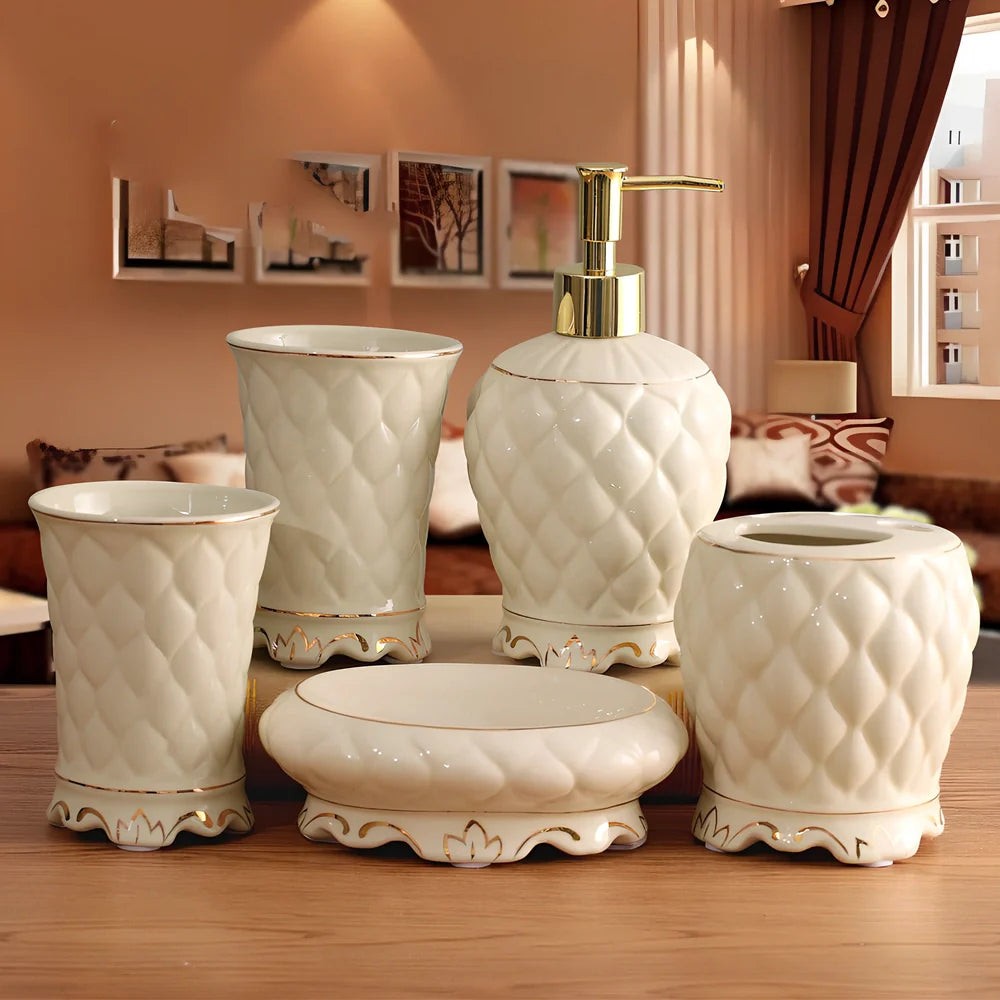 Five-piece ceramic bathroom set with ivory porcelain finish and hand-painted gold detailing