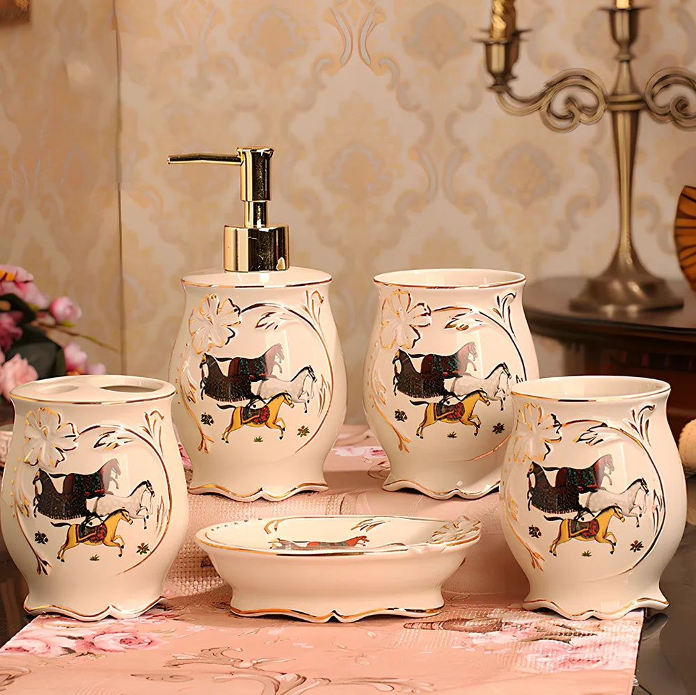 Five-piece ceramic bathroom set with ivory porcelain finish and hand-painted gold detailing
