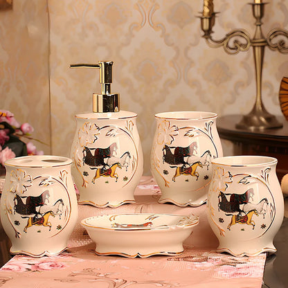 Five-piece ceramic bathroom set with ivory porcelain finish and hand-painted gold detailing