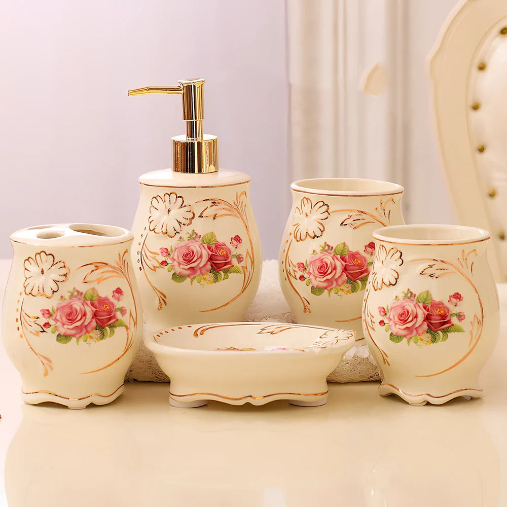 Five-piece ceramic bathroom set with ivory porcelain finish and hand-painted gold detailing