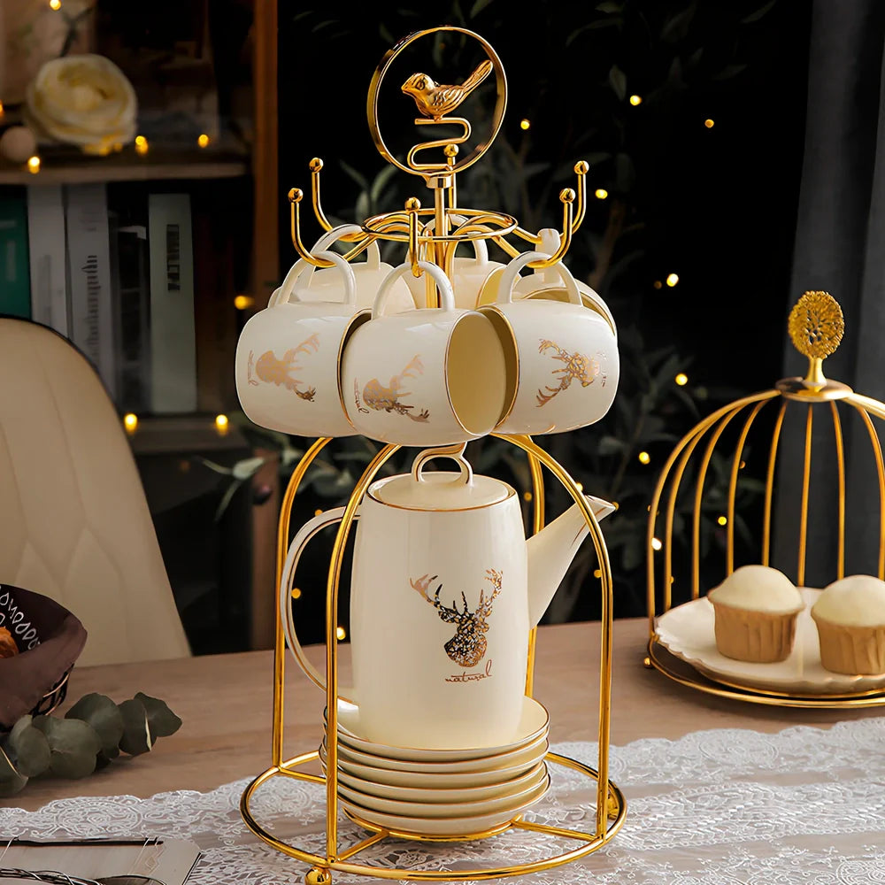 13-piece Chinese tea set with elk bird motif, herbal tea service for 6 people