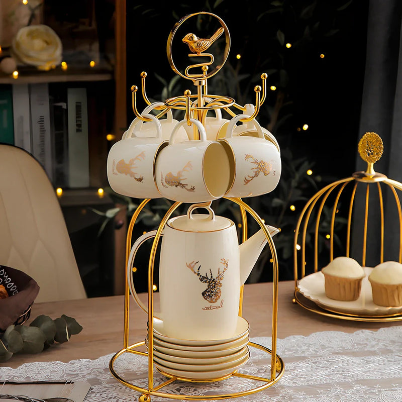 European style 13-piece tea set with elk bird motif, designed for 6 people with complete herbal tea preparation accessories and coordinated serving pieces