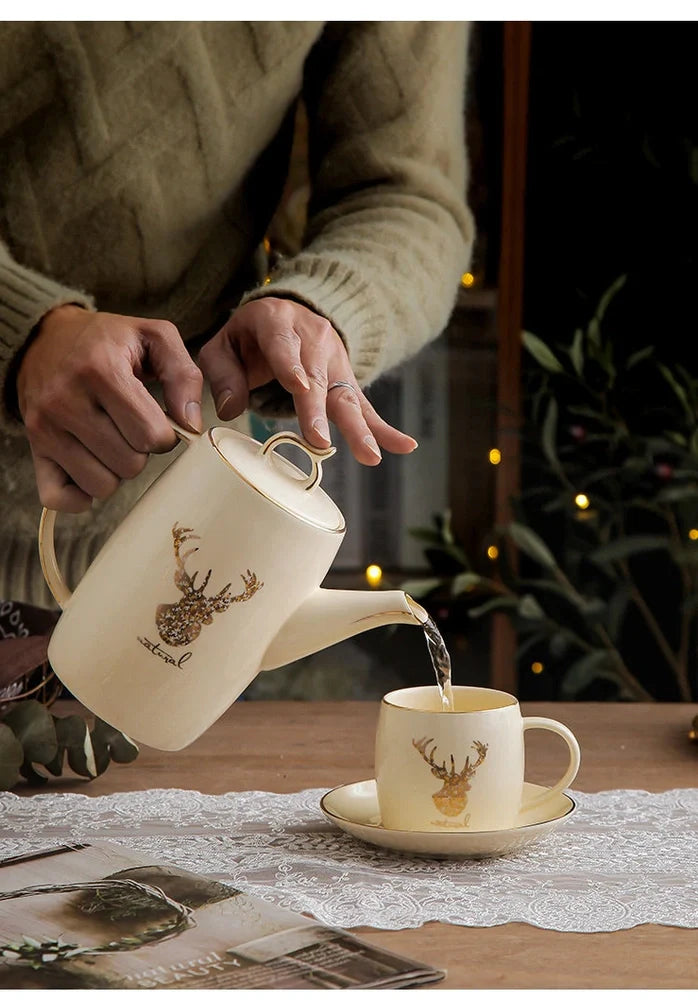 13-piece Chinese tea set with elk bird motif, herbal tea service for 6 people
