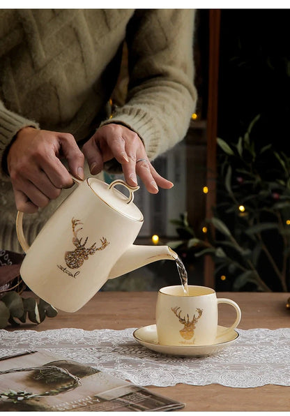 13-piece Chinese tea set with elk bird motif, herbal tea service for 6 people