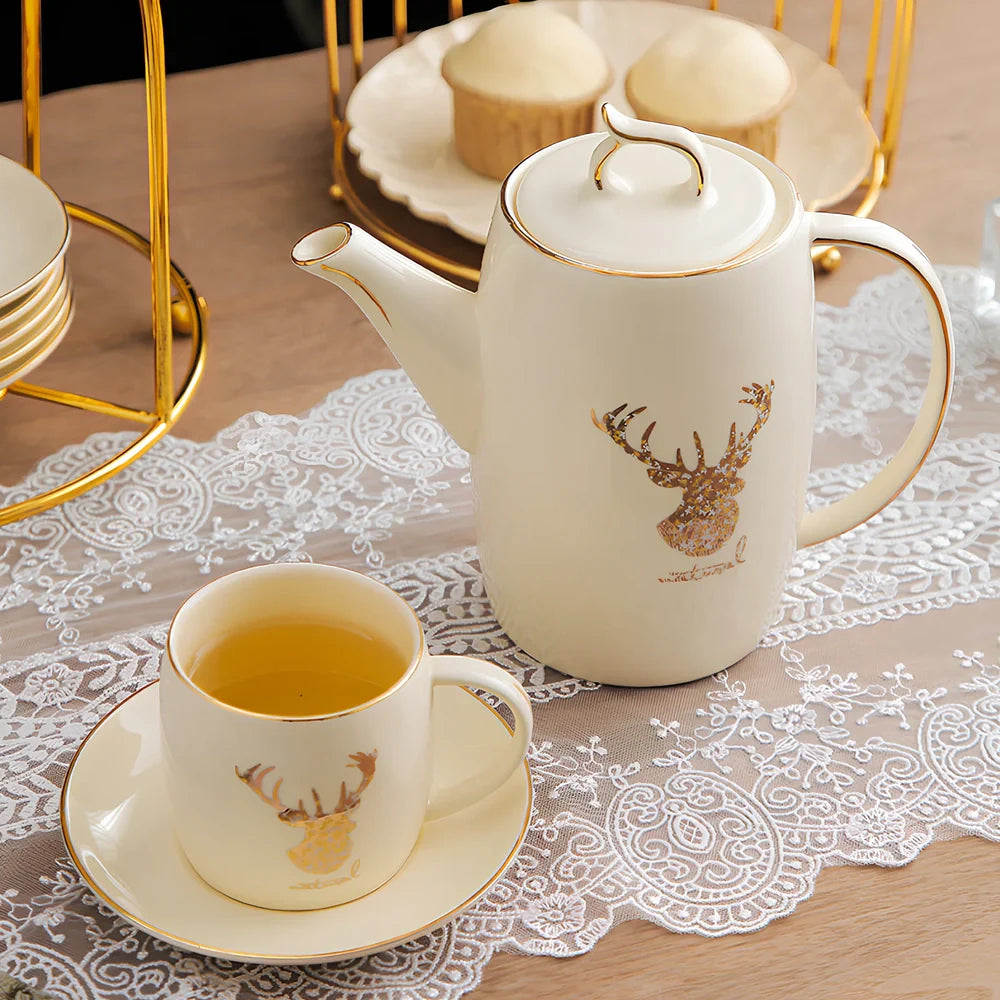 13-piece Chinese tea set with elk bird motif, herbal tea service for 6 people