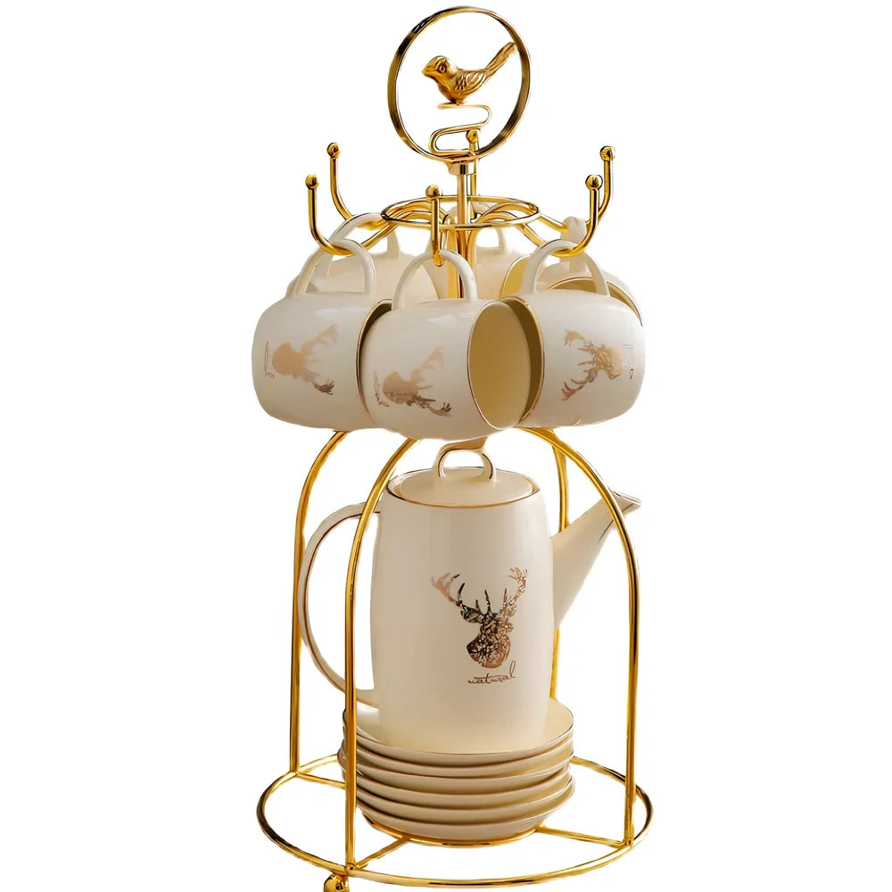 13-piece Chinese tea set with elk bird motif, herbal tea service for 6 people