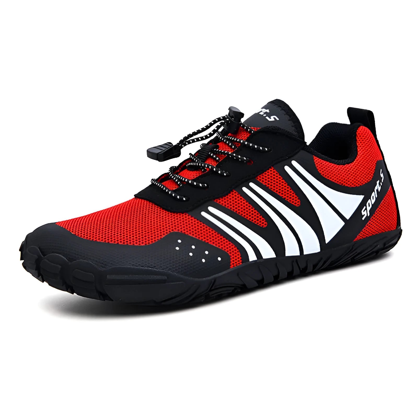 Casual red outdoor wading shoes with mesh upper and textured rubber sole on a sandy beach.