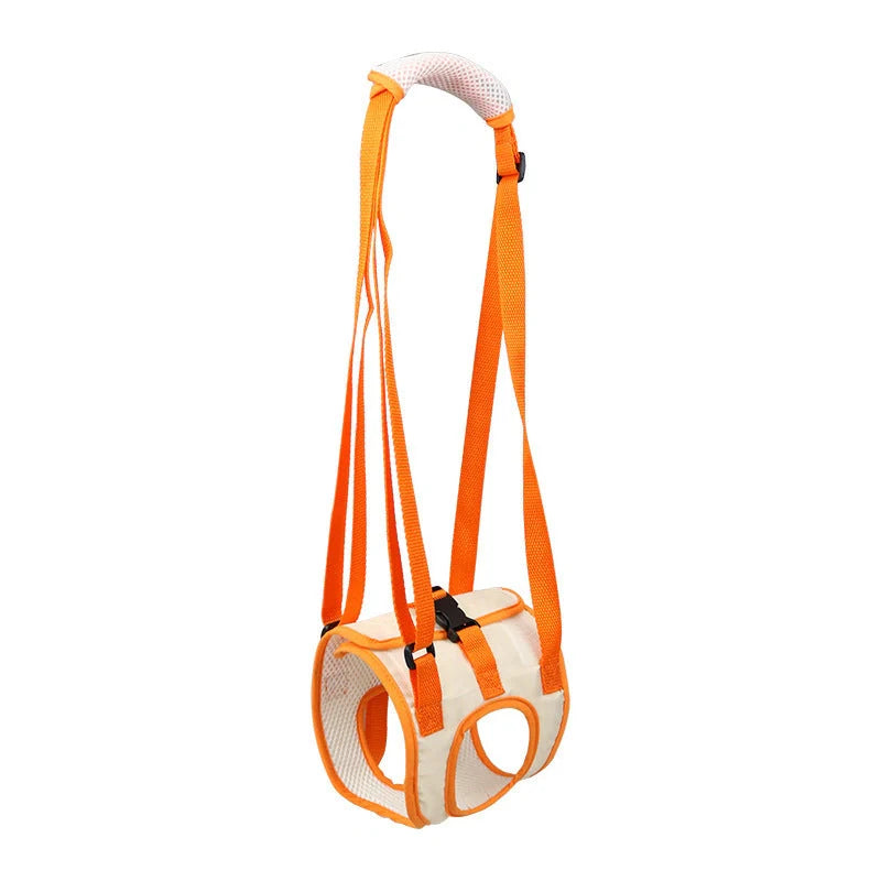 Adjustable dog lift harness in orange, supporting hind legs with breathable mesh