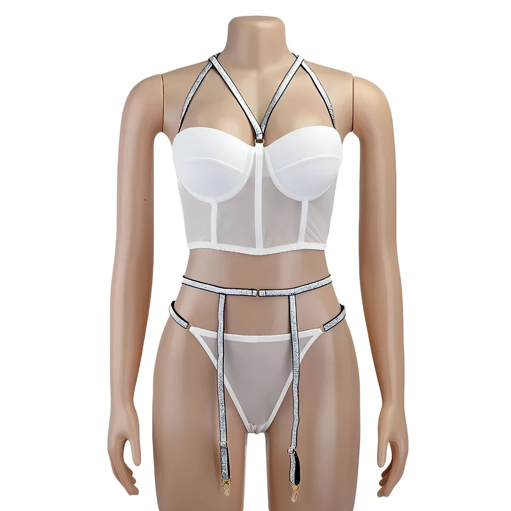 White three-point lingerie garter set with adjustable straps and reinforced stitching