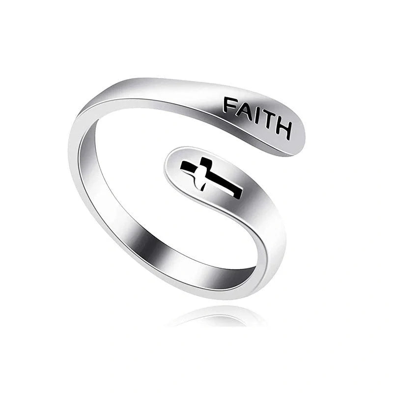 Adjustable Vintage Faith Letter Cross Ring in sterling silver with unique design