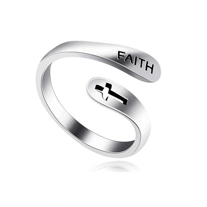 Adjustable Vintage Faith Letter Cross Ring in sterling silver with unique design