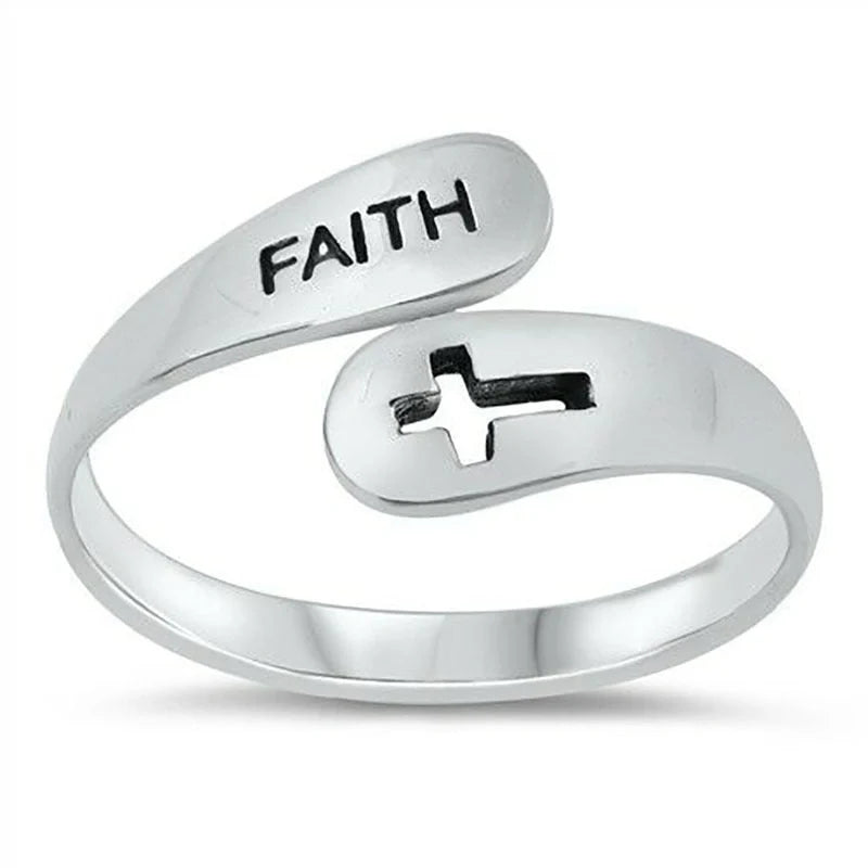 Adjustable Vintage Faith Letter Cross Ring in sterling silver with unique design