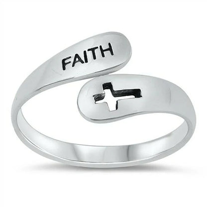 Adjustable Vintage Faith Letter Cross Ring in sterling silver with unique design