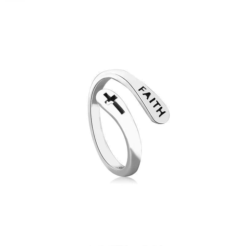 Adjustable Vintage Faith Letter Cross Ring in sterling silver with unique design