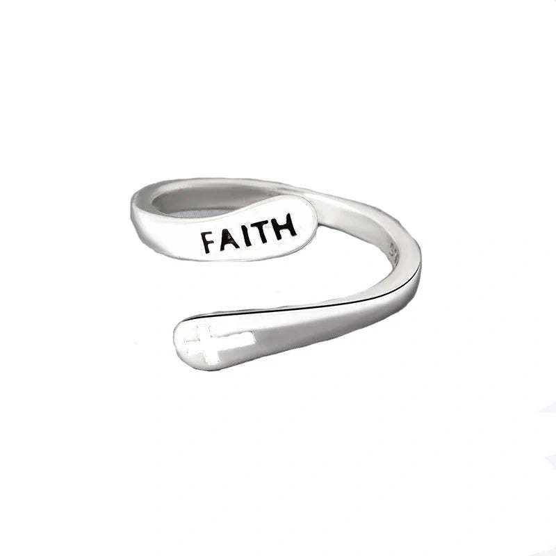 Adjustable Vintage Faith Letter Cross Ring in sterling silver with unique design