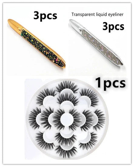 Multifunctional Self-Adhesive Eyeliner & Lashes Set with Black, Coffee, and Transparent Eyeliner Options and Full Diamond, Pearl, and Silver Lash Finishes