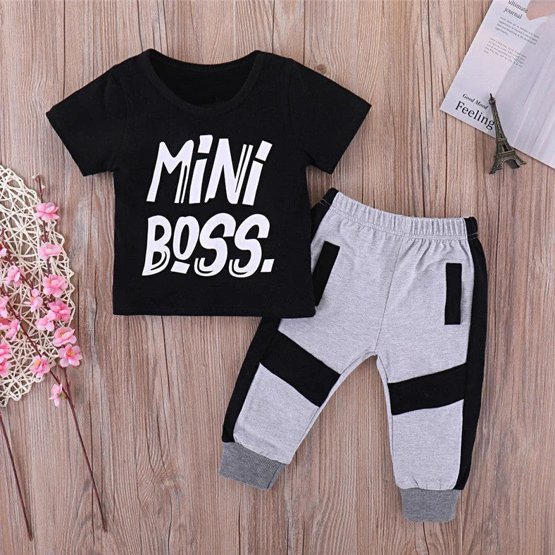 Black toddler boys' two-piece clothing set with letter patterns, trousers and top for children 80-120cm tall
