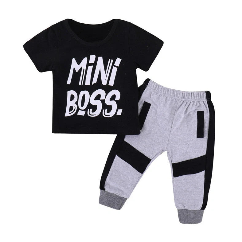 Black toddler boys' two-piece clothing set with letter patterns, trousers and top for children 80-120cm tall
