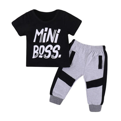 Black toddler boys' two-piece clothing set with letter patterns, trousers and top for children 80-120cm tall