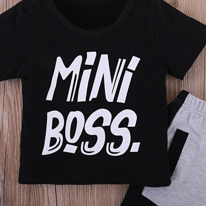 Black toddler boys' two-piece clothing set with letter patterns, trousers and top for children 80-120cm tall