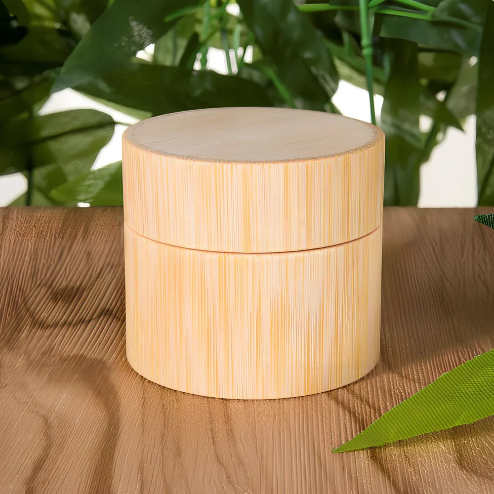 Handmade bamboo cosmetics bottle with hand-polished surface and natural grain texture