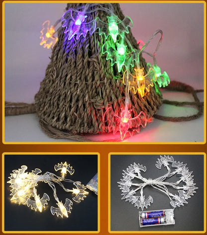Halloween LED string lights with pumpkin, ghost and bat decorations on 1.2 metre battery-powered cord