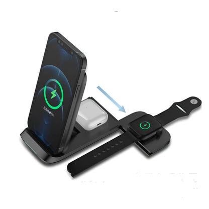 Black and white foldable three-device wireless charger showing TYPE-C port