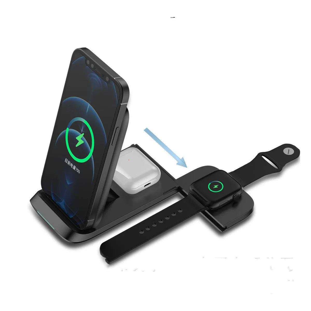 Black and white foldable three-device wireless charger showing TYPE-C port