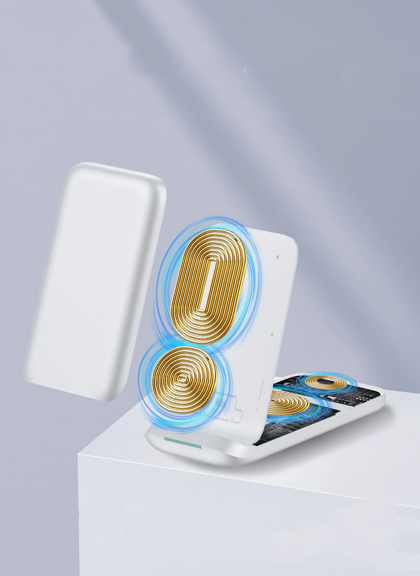Black and white foldable three-device wireless charger showing TYPE-C port