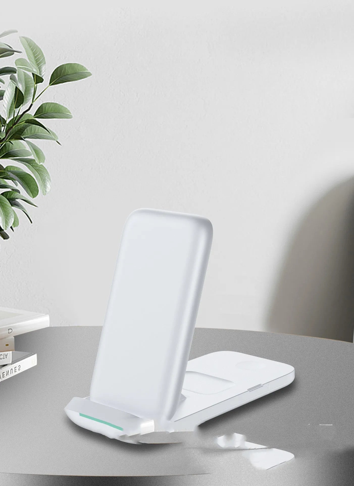 Black and white foldable three-device wireless charger showing TYPE-C port