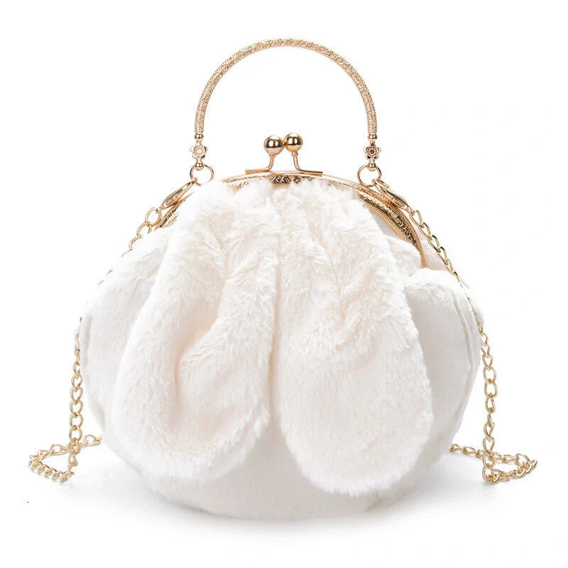 Trendy faux fur rabbit ear messenger bag in various colors including black, grey, pink, white, red, purple, and dark pink