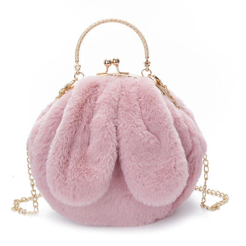 Trendy faux fur rabbit ear messenger bag in various colors including black, grey, pink, white, red, purple, and dark pink